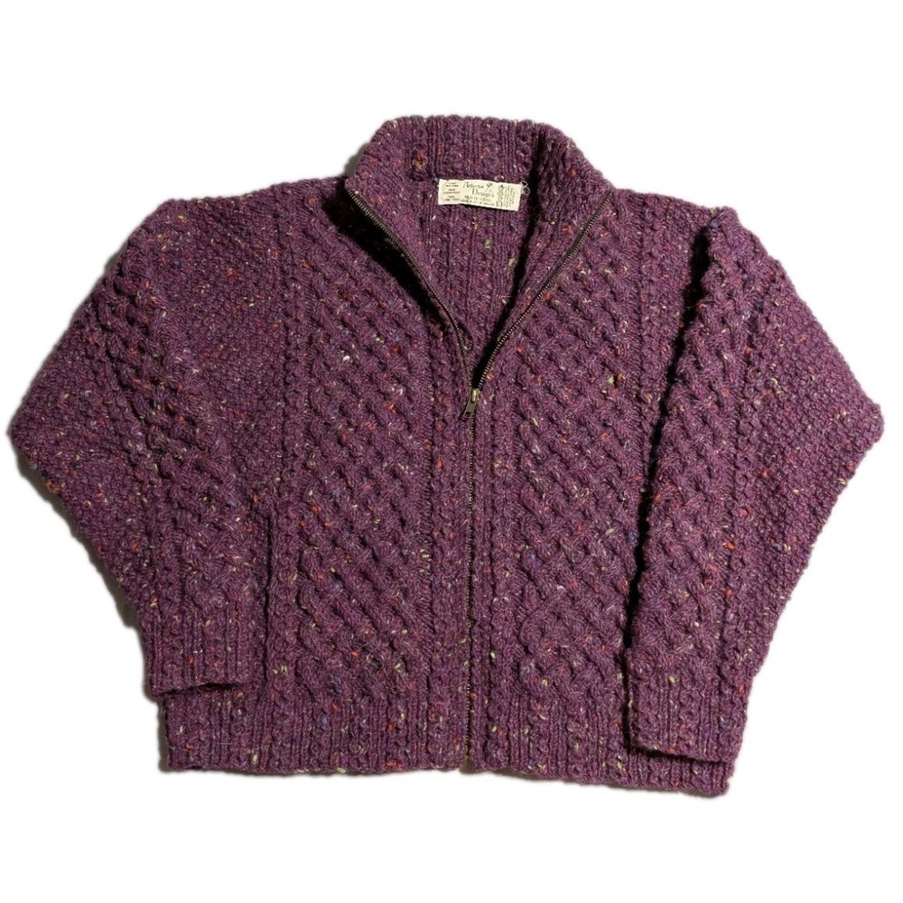 Athena Designs Irish Wool Cable Knit Zip Cardigan Sweater Purple Flecked Ireland